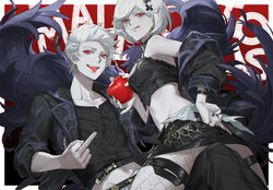  1boy :p alter_ego_malevolent_(granblue_fantasy) apple bare_shoulders belt between_legs black_jacket black_nails black_pants black_ribbon black_shirt black_skirt breasts choker closed_mouth cowgirl_position djeeta_(granblue_fantasy) earrings female fishnet_pantyhose fishnets food fruit gran_(granblue_fantasy) granblue_fantasy grey_hair hair_ornament highres holding holding_food holding_fruit jacket jewelry licking_lips long_sleeves looking_at_viewer looking_down medium_breasts microskirt middle_finger midriff nail_polish off_shoulder open_clothes open_jacket open_mouth outside_border pale_skin pants pantyhose pencil_skirt photoshop_(medium) pinky_out purple_wings red_background red_eyes ribbon ring shirt short_hair single_leg_pantyhose sitting skirt swept_bangs tekki_(tki) tongue tongue_out wings x_hair_ornament 