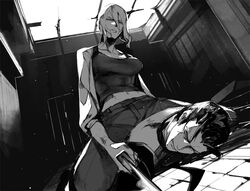  1boy breasts bruise ceiling character_request collarbone commentary_request cowgirl_position dutch_angle female from_below greyscale gun head_tilt hibitono holding holding_gun holding_weapon indoors injury jacket large_breasts lips long_sleeves looking_at_another looking_down lying midriff monochrome navel on_floor pants psycho-pass sitting tank_top tile_floor tiles toned weapon 