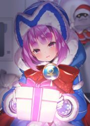  beanie blue_capelet blue_coat blue_dress blurry blurry_background blush bow box capelet coat colonel_olcott_(fate) commentary_request depth_of_field dress fate/grand_order fate_(series) female fur-trimmed_capelet fur-trimmed_dress fur-trimmed_hood fur-trimmed_sleeves fur_trim gift gift_box gloves glowing hat helena_blavatsky_(christmas)_(fate) helena_blavatsky_(fate) holding holding_gift hood hood_down hooded_capelet long_sleeves looking_at_viewer parted_lips purple_eyes purple_hair red_bow short_hair smile solo suzuho_hotaru 