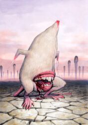  2022 bared_teeth belly_mouth blood bodily_fluids body_horror creepy desolate detailed_background digital_media_(artwork) digital_painting_(artwork) dion_hamill distant_star eyeless fangs hi_res horror_(theme) low-angle_view mammal meme monster murid murine nightmare_fuel open_mouth rat rodent scary teeth unusual_anatomy wasteland 