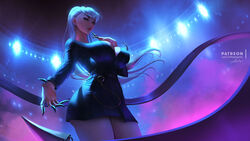  breasts chains cleavage commentary english_commentary evelynn_(league_of_legends) female highres k/da_(league_of_legends) large_breasts league_of_legends lolliedrop long_hair solo standing the_baddest_evelynn thick_thighs thighs very_long_hair white_hair 