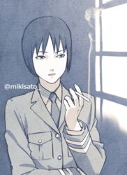  cigarette female greyscale kusanagi_suito mikisato military military_uniform monochrome necktie short_hair smoking solo the_sky_crawlers twitter_username uniform 