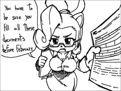  4:3 activision anthro bandicoot big_breasts black_and_white bottomwear breasts clothing coco_bandicoot crash_(series) dialogue english_text eyewear female front_view glasses looking_at_viewer mammal mario-grant marsupial monochrome simple_background skirt solo talking_to_viewer text white_background wide_hips 