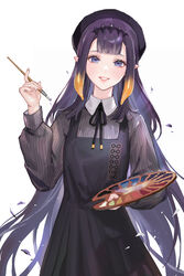  absurdres beret black_dress black_hat blue_eyes blunt_bangs collared_shirt dress female gradient_hair grey_shirt hair_behind_ear hat highres holding holding_paintbrush holding_palette hololive hololive_english light_blush long_hair looking_at_viewer mole mole_under_eye multicolored_hair ninomae_ina&#039;nis ninomae_ina&#039;nis_(casual) orange_hair paintbrush palette_(object) parted_lips pointy_ears purple_hair shirt sidelocks smile solo straight-on tentacle_hair very_long_hair virtual_youtuber white_background xi_liu 