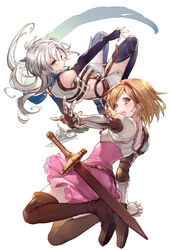  2girls achan_(blue_semi) armor back belt black_gloves black_legwear blonde_hair blue_scarf boots breasts bridal_gauntlets brown_eyes brown_footwear commentary_request cropped_jacket crossover djeeta_(granblue_fantasy) dress eiyuu_densetsu fie_claussell fighter_(granblue_fantasy) floating full_body gauntlets gloves granblue_fantasy green_eyes hairband high-waist_skirt highres kanemoto_hisako long_hair looking_at_viewer midriff miniskirt multiple_girls navel open_mouth outstretched_arm pink_skirt scabbard scarf sen_no_kiseki sheath sheathed short_hair shoulder_armor simple_background skirt skirt_set sleeveless small_breasts smile sword thigh_boots thighhighs voice_actor_connection weapon white_background white_hair zettai_ryouiki 