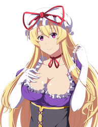  absurdres blonde_hair breasts choker cleavage commentary_request corset female gloves hat hat_ribbon highres kyoukyan large_breasts long_hair looking_at_viewer mob_cap purple_eyes ribbon ribbon_choker simple_background solo touhou white_background white_gloves yakumo_yukari 