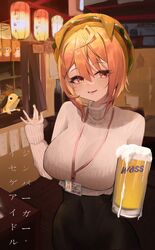  aged_up ahoge alternate_hairstyle bad_id bad_pixiv_id beer_mug black_skirt blonde_hair bralines breasts covered_navel cup female hair_between_eyes hamburger_hat highres id_card indoors inhey jingburger korean_commentary lantern lanyard large_breasts long_sleeves mug office_lady paper_lantern red_eyes ribbed_sweater short_hair skirt sleeves_past_wrists sweater translated turtleneck turtleneck_sweater virtual_youtuber waktaverse waving white_sweater 