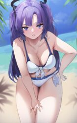  :o armpits beach bikini blue_archive blunt_bangs breasts cleavage collarbone female front-tie_bikini_top front-tie_top halo hand_on_own_thigh highres large_breasts leaning_forward long_hair looking_at_viewer mechanical_halo outdoors pepeo purple_eyes purple_hair side-tie_bikini_bottom solo swimsuit two_side_up very_long_hair white_bikini yuuka_(blue_archive) 