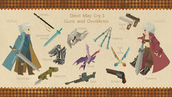  2boys armor asa02 bare_pectorals blue_coat blue_eyes blush boots brown_footwear brown_gloves character_name closed_mouth coat copyright_name dante_(devil_may_cry) devil_may_cry_(series) fingerless_gloves gauntlets gloves greaves grey_hair guitar gun hair_slicked_back handgun holding holding_sword holding_weapon instrument leaning_on_weapon looking_at_another male_focus multiple_boys navel nunchaku open_mouth pectorals rebellion_(sword) red_coat rifle rocket_launcher shotgun smile sniper_rifle standing sword teeth tongue upper_teeth_only vergil_(devil_may_cry) weapon yamato_(sword) 