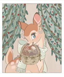  bambi_(film) basket border container curtains deer disney ear_piercing ear_ring faline_(bambi) female feral flower hi_res holding_in_mouth mammal memegmu piercing pinecone plant ring_piercing scarf solo white_border 