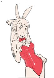  alternate_costume animal_ears bow bowtie detached_collar female highleg highleg_leotard highres kagari_atsuko leotard little_witch_academia looking_at_viewer partially_colored playboy_bunny psylduck rabbit_ears red_leotard solo strapless strapless_leotard wrist_cuffs 