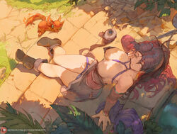  artist_name bare_shoulders boots breasts brown_eyes brown_hair cleavage collarbone creature cutesexyrobutts detached_sleeves djinn_(golden_sun) dress female golden_sun jenna_(golden_sun) large_breasts long_hair looking_at_viewer one_eye_closed parted_bangs patreon_logo patreon_username ponytail sitting solo thighs web_address 