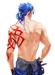  1boy back back_focus blue_hair cowboy_shot cu_chulainn_(blue_diver)_(fate) cu_chulainn_(fate) cu_chulainn_(fate/extra) earrings fate/extella fate/extella_link fate/extra fate/stay_night fate_(series) from_behind g0ringo jewelry long_hair male_focus nape official_alternate_costume simple_background solo tattoo topless_male wet white_background 