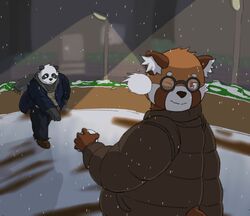  2023 ailurid anthro bari_mu bear biped black_body black_nose bottomwear brown_body clothing detailed_background duo eyewear giant_panda glasses hi_res humanoid_hands kemono mammal night outside pants red_panda snow snowball snowball_fight snowing sweater throwing throwing_snowball topwear white_body 