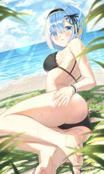  :d ass bare_legs bare_shoulders barefoot beach bikini black_bikini black_ribbon blue_eyes blue_hair blue_sky blush breasts cloud commentary day dopoing eyes_visible_through_hair female hair_between_eyes hair_over_one_eye hair_ribbon headdress highres leaf light_particles looking_at_viewer looking_back lying medium_breasts ocean on_side open_mouth outdoors re:zero_kara_hajimeru_isekai_seikatsu rem_(re:zero) ribbon short_hair sideboob sky smile solo sunlight swimsuit water wrist_cuffs 