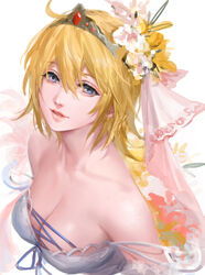  bare_shoulders blonde_hair blue_eyes breasts cleavage collarbone commentary_request cross-laced_clothes europa_(granblue_fantasy) female flower from_above granblue_fantasy hair_flower hair_ornament highres large_breasts looking_at_viewer looking_up parted_lips short_hair smile solo strap_slip tekki_(tki) tiara upper_body white_background 