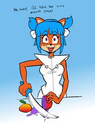  activision anthro bandicoot blue_hair breasts crash_(series) female food fruit fur hair looking_at_viewer mammal mario-grant marsupial megumi_bandicoot melee_weapon plant solo sword text weapon wumpa_fruit 