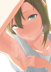  apple_(ygbhjdbiulsg) arm_up armpits backlighting bad_id bad_pixiv_id blush brown_hair closed_mouth collarbone female green_eyes head_tilt highres idolmaster idolmaster_cinderella_girls lips looking_at_viewer presenting_armpit shirt sleeve_pull sleeveless sleeveless_shirt solo steam sweat tada_riina white_background white_shirt 