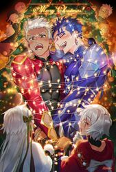  2boys 2girls archer_(fate) blue_hair blush bodysuit christmas christmas_tree closed_eyes cu_chulainn_(fate) cu_chulainn_(fate/stay_night) dark-skinned_male dark_skin earrings fate/grand_order fate/stay_night fate_(series) g0ringo highres interracial jack_the_ripper_(fate/apocrypha) jeanne_d&#039;arc_alter_santa_lily_(fate) jewelry laughing long_hair male_focus merry_christmas multiple_boys multiple_girls ornament ponytail red_eyes short_hair skin_tight tight_clothes white_hair yaoi 