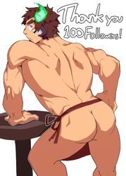  1boy animal_ears apron ass back bara brown_hair cow_boy cow_ears eye_black facial_hair feet_out_of_frame fiery_horns forked_eyebrows glowing_horns goatee horns looking_at_viewer looking_back male_focus milestone_celebration muscular muscular_male naked_apron nape short_hair sideburns solo table thick_eyebrows thick_thighs thighs tokyo_afterschool_summoners ttn_(239_239) wakan_tanka 