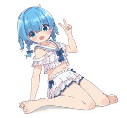  :d aoi_tori arm_support barefoot bikini blue_bow blue_eyes blue_hair blush bow feet female frilled_sailor_collar frills full_body hair_between_eyes hand_up highres layered_bikini leaning_back looking_at_viewer navel oerba_yun_fang original sailor_collar simple_background sitting smile solo swimsuit teru-chan_(aoi_tori) toes v wariza white_background white_bikini white_sailor_collar 