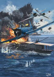  a6m_zero aircraft aircraft_carrier airplane battle battle_of_midway commentary_request explosion fire gun gyan_(akenosuisei) highres imperial_japanese_navy kaga_(aircraft_carrier) machine_gun military military_vehicle no_humans ocean original photoshop_(medium) realistic sbd_dauntless scenery ship signature sky united_states_navy vehicle_focus war warship water watercraft weapon world_war_ii 