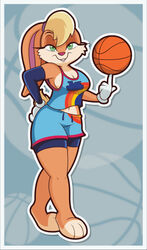  3_toes 4_fingers anthro armwear ball basketball basketball_uniform bedroom_eyes big_breasts big_nipples blonde_hair breasts buckteeth cleavage clothed clothing feet female fingers gloves green_eyes hair handwear hi_res lagomorph leporid lola_bunny long_ears looking_at_viewer looney_tunes mammal narrowed_eyes navel nipples rabbit scut_tail seductive short_tail solo space_jam space_jam:_a_new_legacy sportswear tail teeth thisnameistaken toes tune_squad_outfit tune_squad_outfit_(2021) uniform warner_brothers 