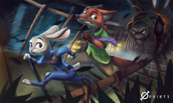  anthro barefoot black_body black_fur bottomwear bridge canid canine clothed clothing detailed_background disney feet felid fox fully_clothed fur green_eyes grey_body grey_fur group hi_res jaguar judy_hopps lagomorph leporid loone-wolf mammal melanistic necktie nick_wilde orange_body orange_fur pantherine pants police police_uniform purple_eyes rabbit red_fox renato_manchas running shirt toeless_legwear topwear true_fox uniform zootopia 