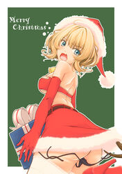  alternate_costume angry ass bandeau bikini bikini_top_only black_panties blonde_hair blue_eyes box branch breasts christmas colorado_(kancolle) commentary_request elbow_gloves female gift gift_box gloves graphite_(medium) hat kantai_collection large_breasts looking_back merry_christmas miniskirt open_mouth panties red_bikini red_gloves red_skirt santa_costume santa_hat short_hair side-tie_panties skirt slowpit solo strapless strapless_bikini swimsuit traditional_media underboob underwear untied_panties wardrobe_malfunction 