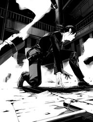  1boy at_gunpoint commentary_request dust_cloud formal from_below from_side ginoza_nobuchika greyscale hibitono indoors long_sleeves looking_away male_focus monochrome necktie on_floor on_one_knee out_of_frame outstretched_arms pants ponytail profile psycho-pass railing shoes smoke_trail socks solo suit 