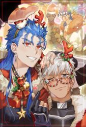  4boys alternate_costume antlers archer_(fate) archer_alter_(fate) blue_hair blush bodysuit christmas christmas_tree closed_eyes cu_chulainn_(caster)_(fate) cu_chulainn_(fate) cu_chulainn_alter_(fate) dark-skinned_male dark_skin earrings emiya_alter fate/grand_order fate/stay_night fate_(series) g0ringo glasses hat highres horns jewelry long_hair male_focus merry_christmas multiple_boys one_eye_closed ornament red_eyes reindeer_antlers santa_costume santa_hat short_hair sparkle upper_body white_hair 