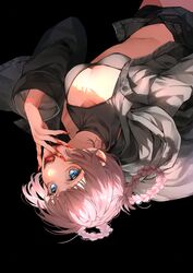  black_background black_coat black_shorts blood blue_eyes braid breasts cleavage_cutout clothing_cutout coat crop_top female fingernails funa2001 hand_on_own_face highres looking_at_viewer nanakusa_nazuna_(yofukashi_no_uta) open_fly open_mouth pink_hair red_nails sharp_fingernails shorts simple_background solo turtleneck vampire yofukashi_no_uta 