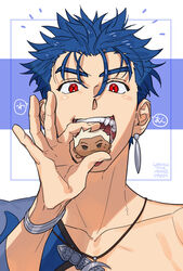  1boy archer_(fate) blue_hair cu_chulainn_(fate) cu_chulainn_(fate/stay_night) cu_chulainn_(second_ascension)_(fate) earrings fate/grand_order fate/stay_night fate_(series) g0ringo holding jewelry male_focus muscular muscular_male necklace official_alternate_costume open_mouth pectorals red_eyes short_hair solo stuffed_toy upper_body 