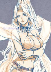  breasts cleavage closed_mouth dress earrings female gensou_suikoden gensou_suikoden_v high_ponytail jeane_(suikoden) jewelry large_breasts long_hair looking_at_viewer mikisato monochrome navel ponytail revealing_clothes simple_background smile solo 