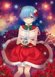  amick_(americanomix) bell blue_eyes blue_hair bow breasts christmas commentary dress eyes_visible_through_hair female fishnet_gloves fishnet_pantyhose fishnets flower gloves green_bow hair_ornament hair_over_one_eye hair_ribbon holding large_breasts looking_at_viewer pantyhose re:zero_kara_hajimeru_isekai_seikatsu red_dress red_flower red_ribbon rem_(re:zero) ribbon short_hair smile solo 