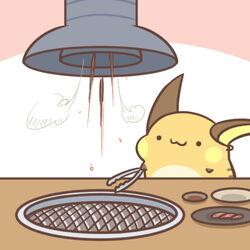  1:1 2019 :3 black_ears black_paws black_stripes ear_piercing food fur furniture generation_1_pokemon grill holding_object holding_tongs holding_tool low_res meat motion_blur nintendo piercing plate pokemon pokemon_(species) raichu rairai-no26-chu solo steam stripes table tongs tools vacuum yellow_body yellow_fur yellow_inner_ear 