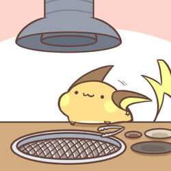  1:1 2019 :3 black_ears black_paws black_stripes fur furniture generation_1_pokemon grill hands_on_table leaning leaning_forward lightning_tail low_res nintendo pink_background plate pokemon pokemon_(species) raichu rairai-no26-chu salmon_background simple_background solo stripes table tongs tools vacuum yellow_body yellow_fur yellow_inner_ear 