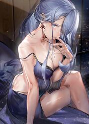  absurdres ass bad_id bad_pixiv_id bare_shoulders blush breasts butt_crack chinese_commentary cleavage collarbone colored_eyelashes commentary_request crossed_legs earrings eyelashes female finger_to_mouth genshin_impact grey_eyes grey_hair hair_over_one_eye highres indoors jewelry knees large_breasts lingerie long_hair looking_at_viewer nail_polish negligee nigoolas no_nose on_bed one_eye_closed shenhe_(genshin_impact) shiny_skin silver_nails sitting solo tassel tassel_earrings thighs underwear window 