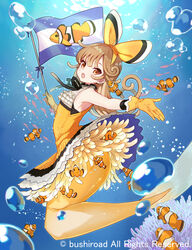  :o air_bubble armpits brown_eyes brown_hair bubble cardfight!!_vanguard character_request clownfish commentary_request copyright_notice dress female fish flag frilled_dress frills full_body gloves hairband holding holding_flag long_hair looking_at_viewer mermaid miyoshino monster_girl neck_ribbon official_art outstretched_arm ribbon sea_anemone sleeveless sleeveless_dress solo sunlight tropical_fish underwater yellow_dress yellow_gloves 