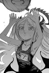  absurdres arms_up blue_archive blush breasts doodle_sensei_(blue_archive) female greyscale hair_ribbon halo highres hina_(blue_archive) hina_(swimsuit)_(blue_archive) horns long_hair low_wings monochrome name_tag official_alternate_costume one-piece_swimsuit open_mouth ribbon school_swimsuit sensei_(blue_archive) simple_background small_breasts solo sweat swimsuit very_long_hair whistling wings xiaoju_xiaojie 