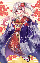  :d absurdres blush commentary_request female floating_hair floral_print flower full_body gradient_hair hair_flower hair_ornament haori highres hololive horns japanese_clothes karashi_(asarikarasi) kimono long_hair looking_at_viewer multicolored_hair nakiri_ayame nakiri_ayame_(new_year) obi oerba_yun_fang official_alternate_costume ponytail print_kimono red_eyes red_hair red_kimono sandals sash skin-covered_horns smile solo streaked_hair tabi tassel virtual_youtuber white_hair white_legwear wide_sleeves 