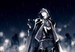  1boy 1other animal_hood armor back-to-back boots cloak closed_mouth commentary_request covered_eyes erune from_below granblue_fantasy hibitono hood hood_over_eyes hood_up hooded_cloak light_smile looking_away looking_to_the_side monochrome pants rain seofon_(granblue_fantasy) seox_(granblue_fantasy) shaded_face silhouette smoke standing surrounded thigh_boots thighhighs 