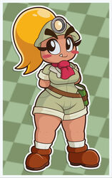  2021 armor blonde_hair blush book bottomwear breasts clothed clothing eyelashes female fully_clothed goomba goombella hair hands_behind_back headgear helmet hi_res humanoid looking_away mammal mario_bros nintendo not_furry paper_mario scarf shirt short_stack shorts smile solo standing teeth thick_thighs thisnameistaken topwear wide_hips 