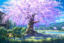  blue_sky cherry_blossoms cloud commentary_request crate day grass hedge highres house lake mikannokawa7008 mountain mountainous_horizon no_humans original outdoors plant potted_plant power_lines scenery sky stepping_stones tree utility_pole water 