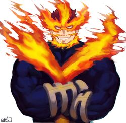  1boy bara beard bodysuit boku_no_hero_academia crossed_arms endeavor_(boku_no_hero_academia) facial_hair fire highres looking_at_viewer male_focus mature_male moustache muscular muscular_male red_eyes red_hair skin_tight smirk solo spiked_hair tight_clothes ttn_(239_239) upper_body white_background 