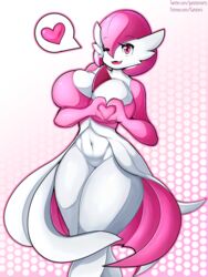  3:4 absurd_res big_breasts bottomless breast_squish breasts cleavage clothed clothing featureless_crotch female gardevoir gatotorii generation_3_pokemon gesture hair hand_heart happy heart_symbol hi_res huge_breasts navel nintendo not_furry one_eye_closed open_mouth oppai_heart pink_body pink_eyes pink_hair pokemon pokemon_(species) solo squish thick_thighs wide_hips wink 