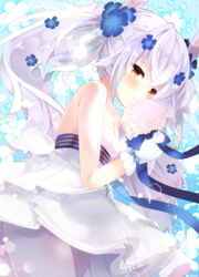  absurdres animal_ears azur_lane bare_shoulders blue_background blue_flower blush bouquet breasts cleavage closed_mouth commentary_request dress female flower fuuna_thise gloves hair_between_eyes highres holding holding_bouquet laffey_(azur_lane) laffey_(white_rabbit&#039;s_oath)_(azur_lane) long_hair official_alternate_costume pantyhose pink_flower rabbit_ears red_eyes small_breasts smile solo strapless strapless_dress twintails very_long_hair white_dress white_gloves white_hair white_pantyhose 