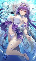  bead_bracelet beads bracelet breasts brooch bubble casual_one-piece_swimsuit emanon123 fate/grand_order fate_(series) feet female heart heart_brooch highres jewelry large_breasts long_hair navel one-piece_swimsuit purple_hair red_eyes scathach_(fate) scathach_skadi_(fate) scathach_skadi_(swimsuit_ruler)_(fate) scathach_skadi_(swimsuit_ruler)_(third_ascension)_(fate) solo swimsuit underwater white_one-piece_swimsuit 