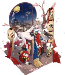  :d aerial_fireworks ahoge azur_lane bamboo bare_shoulders daruma_doll female fireworks full_moon gradient_hair grey_hair hair_ornament hand_up hibiki_(azur_lane) hibiki_(new_year&#039;s_little_imp)_(azur_lane) highres horns japanese_clothes kadomatsu lantern long_hair looking_at_viewer moon multicolored_hair new_year obi off_shoulder official_alternate_costume official_art okobo open_mouth paintbrush paper_lantern platform_footwear red_eyes round_window sandals sash shirt sitting sleeveless sleeveless_shirt smile soaryuna solo thighhighs transparent_background tree very_long_hair white_shirt white_thighhighs wide_sleeves window 