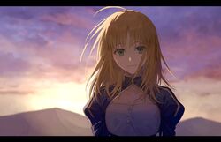  ahoge artoria_pendragon_(fate) blonde_hair blue_dress breasts cleavage_cutout clothing_cutout cloud dress fate/stay_night fate_(series) female green_eyes hair_down highres juliet_sleeves kuromamechabita letterboxed long_sleeves puffy_sleeves saber_(fate) sky small_breasts solo sunrise 